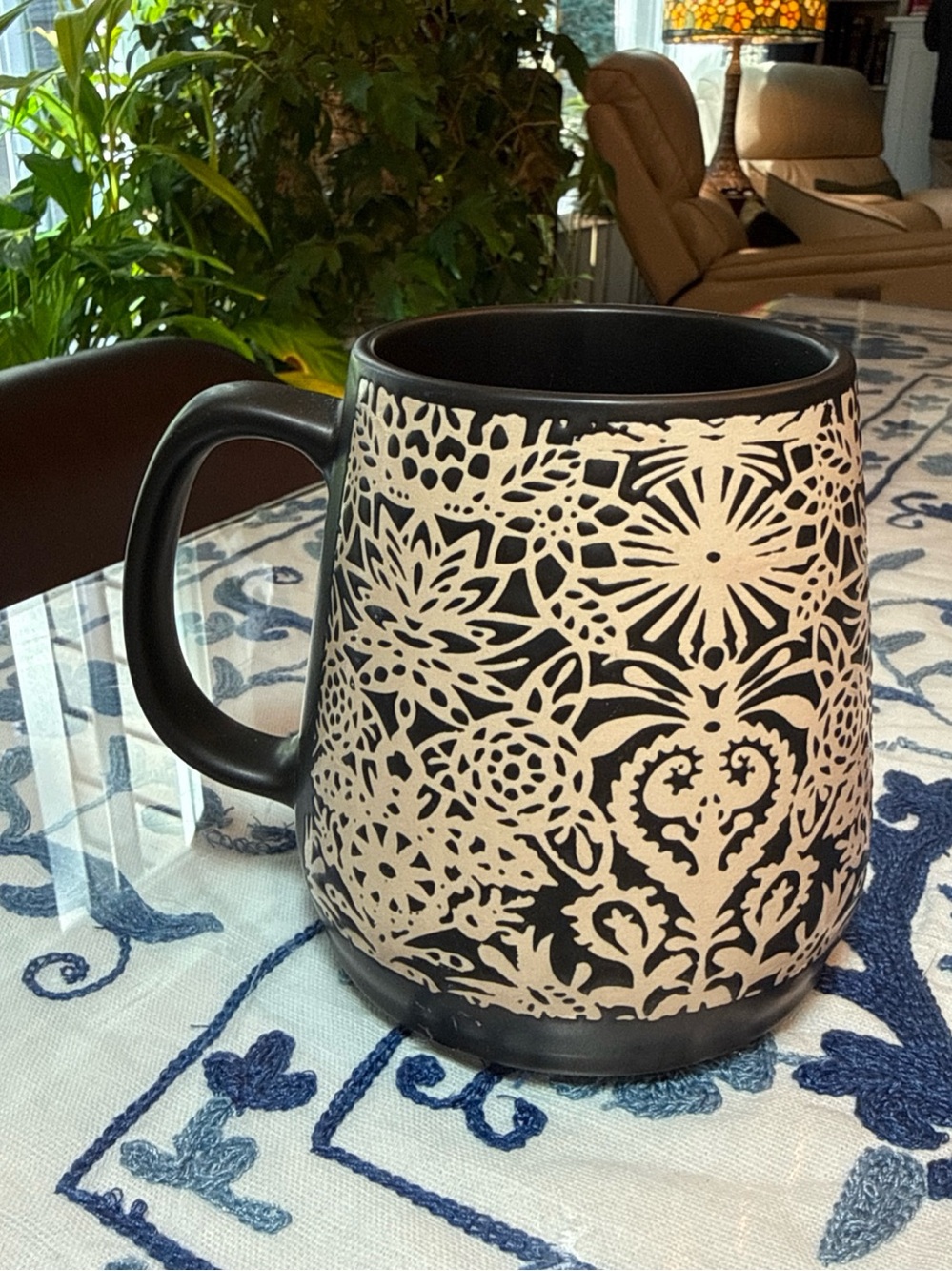 OpalHouse Coffee Mug Mallorca Stoneware Stenciled Black Tan Embossed Boho Toile